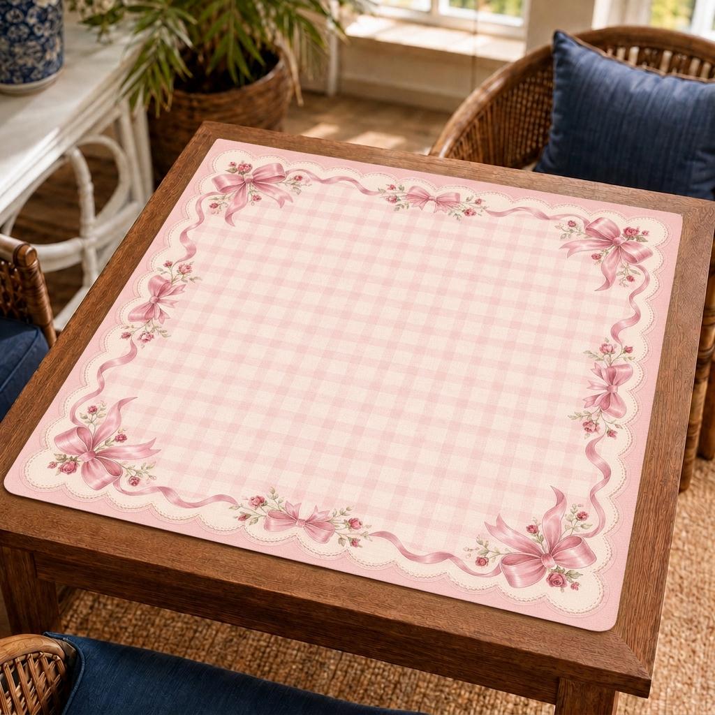 Pink Gingham Bow Mahjong Mat – Coquette Rose Vegan Leather product detail