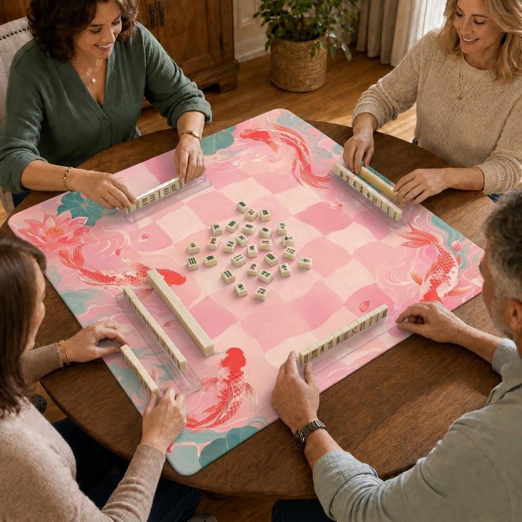 Pink Checkered Koi Mahjong Mat – Lotus Pond Vegan Leather product detail