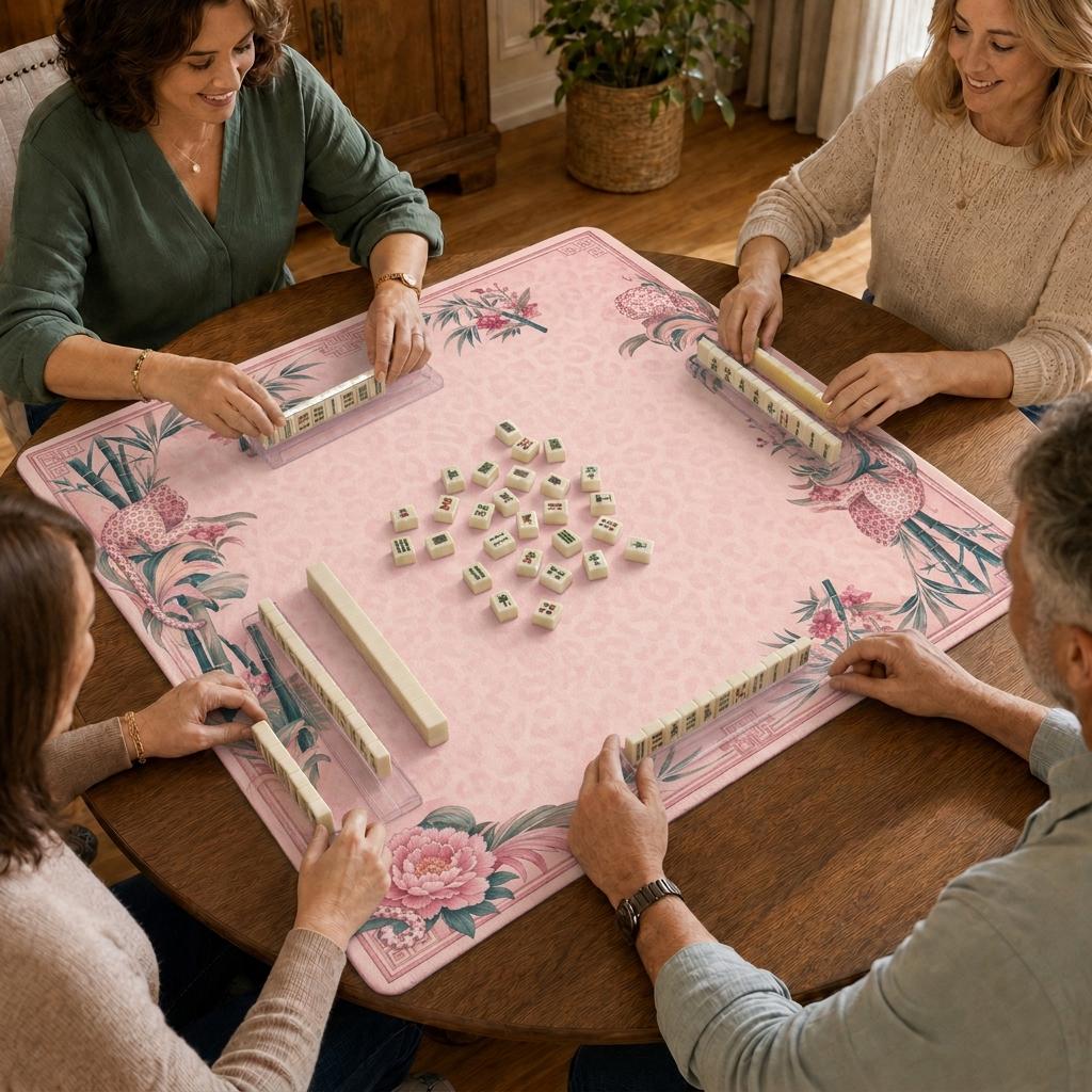 Pink Leopard Chinoiserie Mahjong Mat – Bamboo Peony Vegan Leather product detail