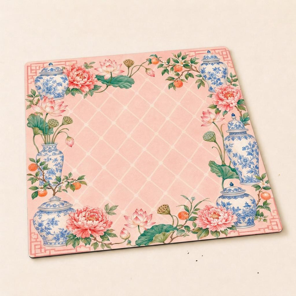 Blush Chinoiserie Mahjong Mat – Blue Ginger Jar Lotus Vegan Leather product detail