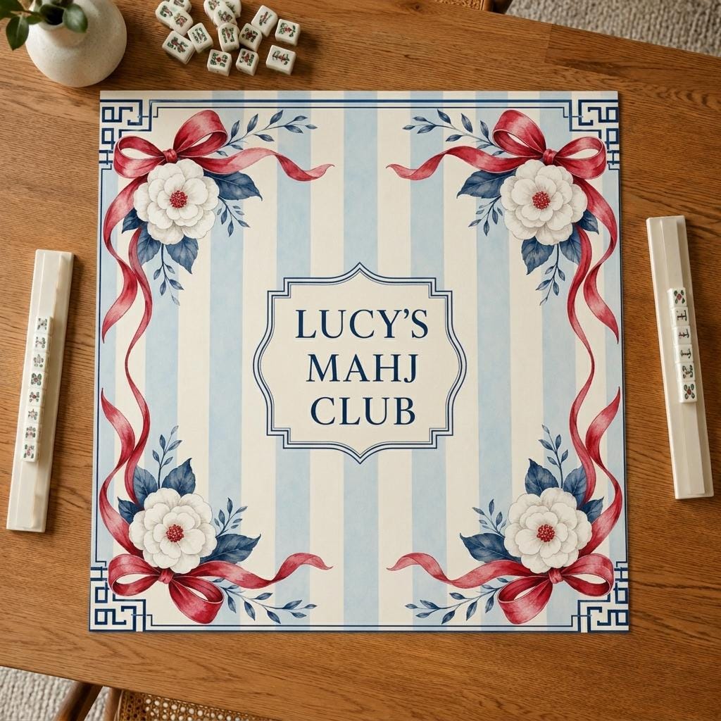 Personalized Mahjong Mat, Red Bow Floral Mahj Club Design, 31.5 Inch