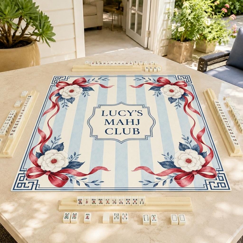 Personalized Mahjong Mat, Red Bow Floral Mahj Club Design, 31.5 Inch