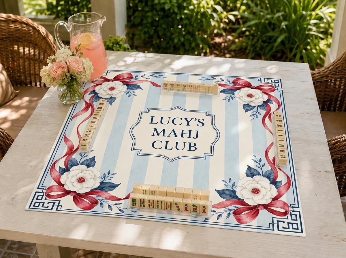 Personalized Mahjong Mat, Red Bow Floral Mahj Club Design, 31.5 Inch