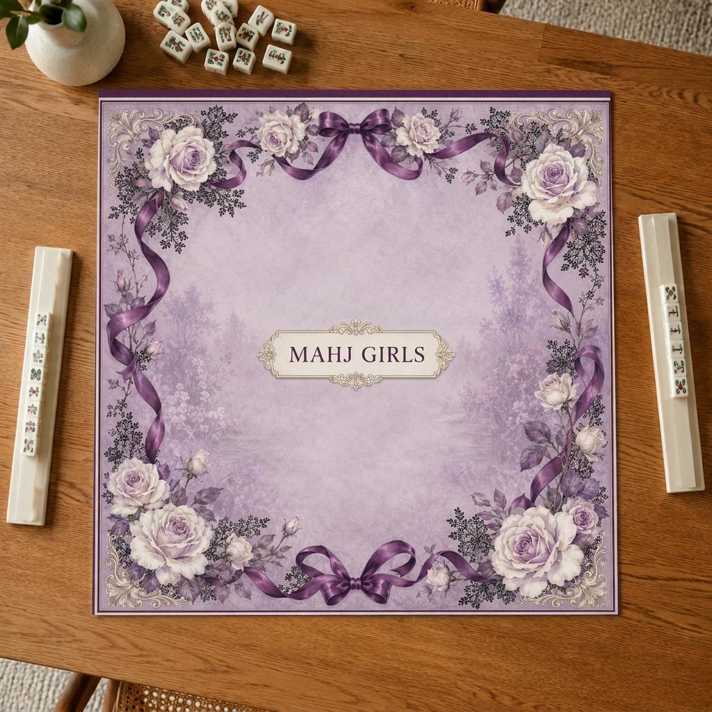 Purple Floral Mahjong Mat, Personalized Mahj Girls Design, Rose Ribbon Game Gift, 31.5 Inch