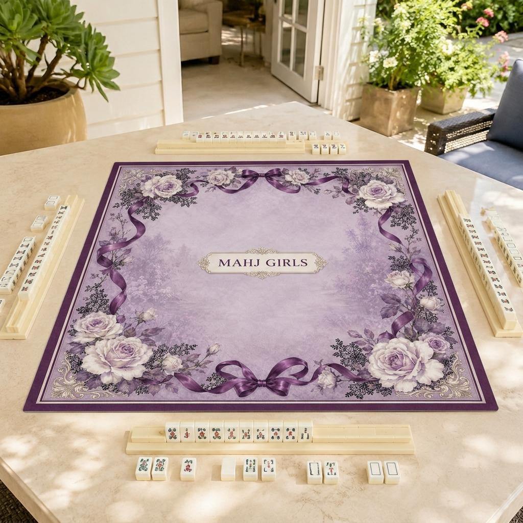 Purple Floral Mahjong Mat, Personalized Mahj Girls Design, Rose Ribbon Game Gift, 31.5 Inch