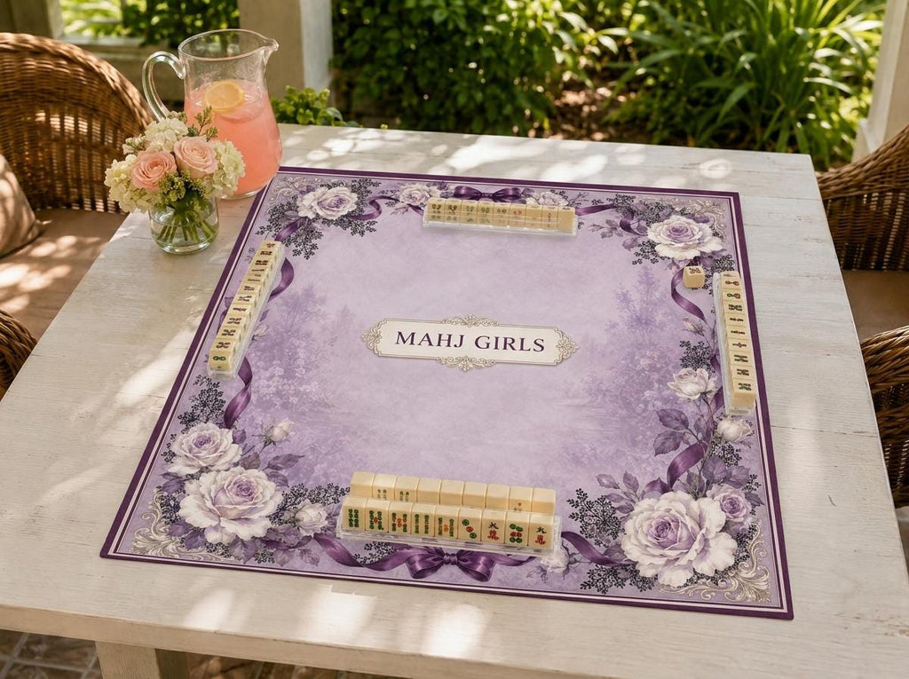 Purple Floral Mahjong Mat, Personalized Mahj Girls Design, Rose Ribbon Game Gift, 31.5 Inch