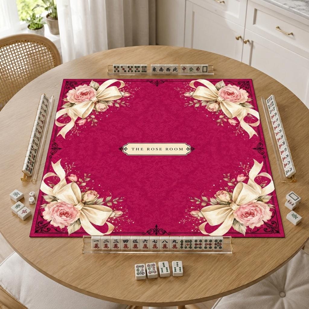 Personalized Mahjong Mat, Fuchsia Rose Bow Design, Elegant Custom Game Table, 31.5 Inch