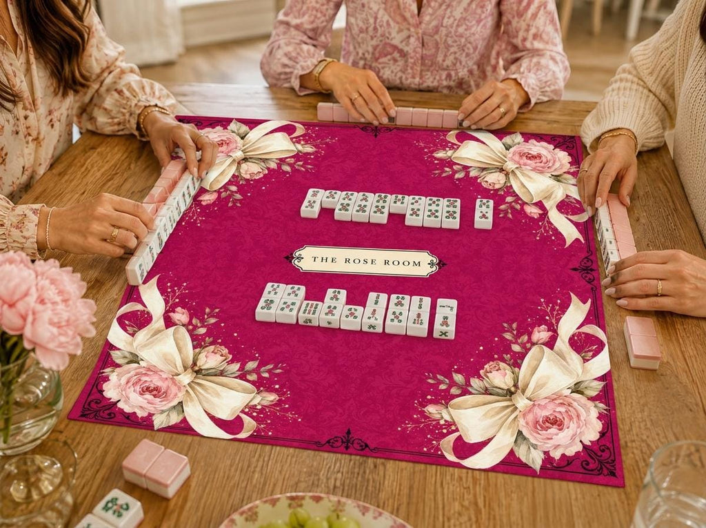 Personalized Mahjong Mat, Fuchsia Rose Bow Design, Elegant Custom Game Table, 31.5 Inch
