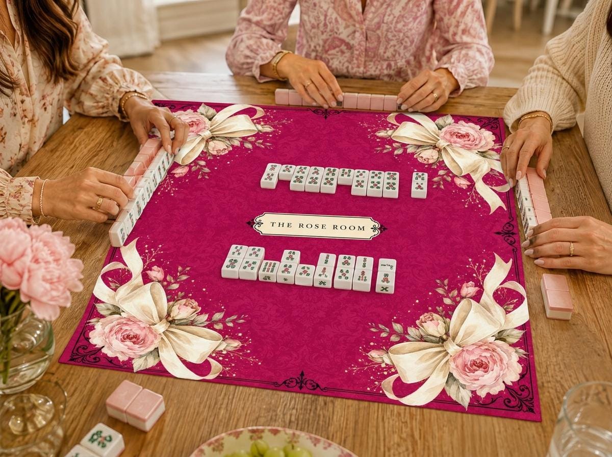 Personalized Mahjong Mat, Fuchsia Rose Bow Design, Elegant Custom Game Table, 31.5 Inch