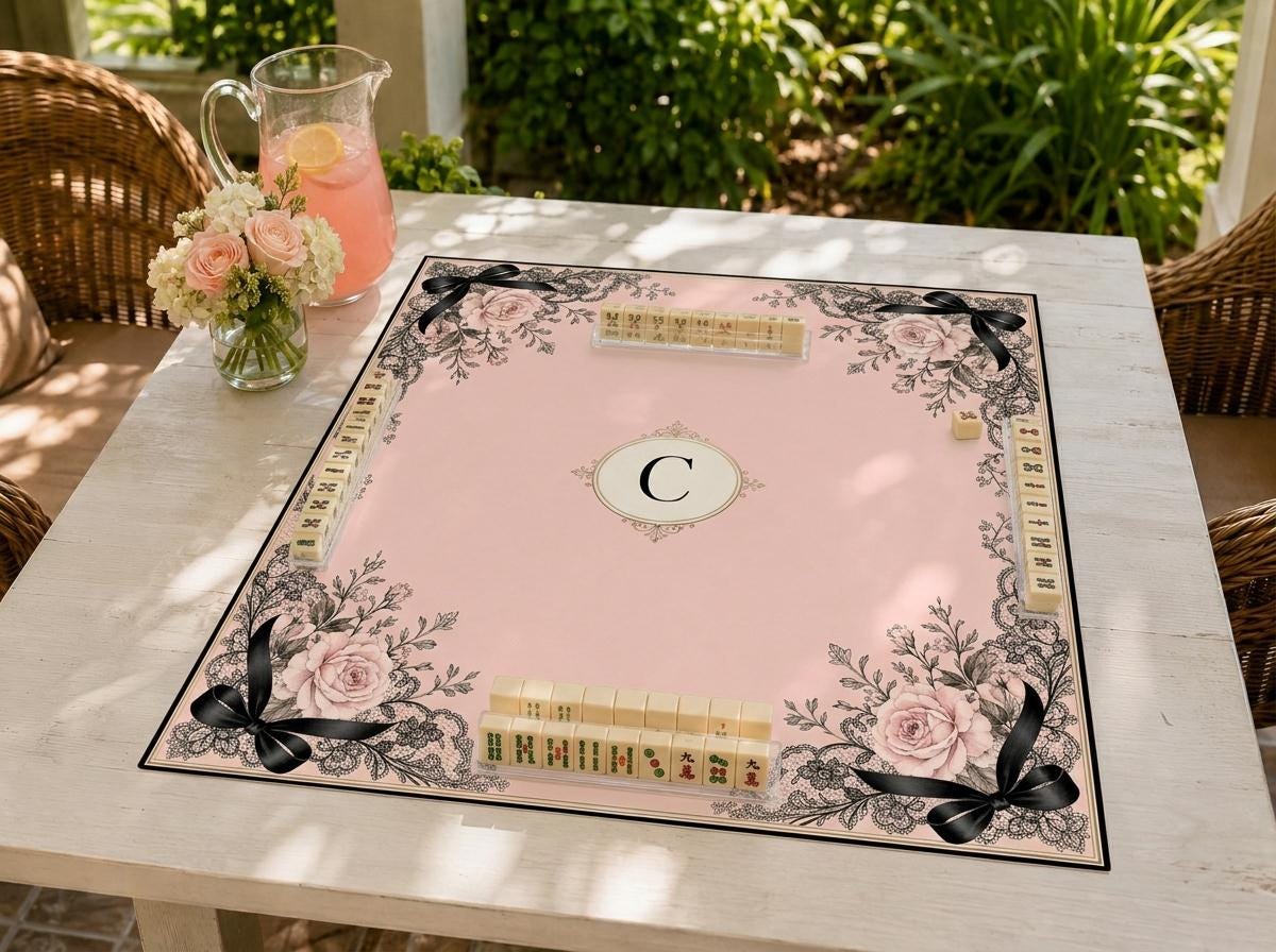Pink Lace Mahjong Mat, Black Bow Rose Monogram Design, Personalized Gift, 31.5 Inch