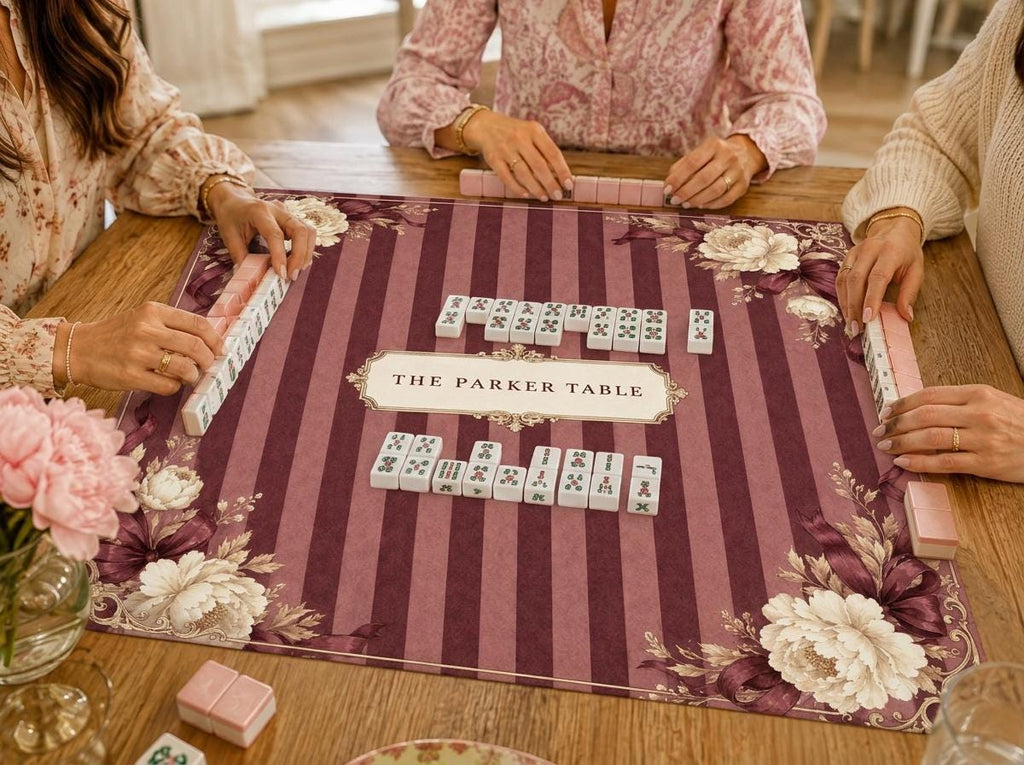 Burgundy Mahjong Mat, Vintage Floral Stripe Design, Personalized Table Gift, 31.5 Inch