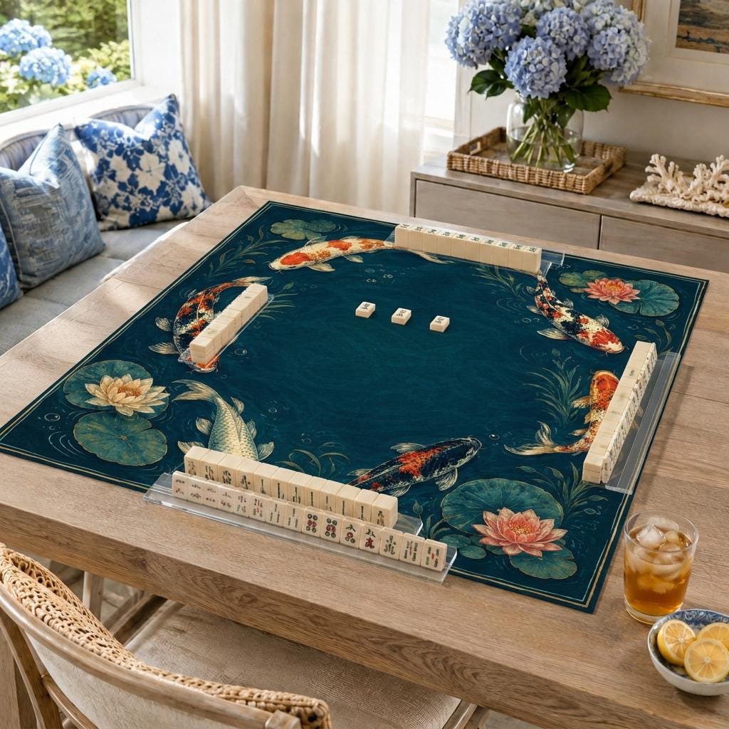 Koi Fish Mahjong Mat, Japanese Lotus Pond Game Table Design, 31.5 Inch