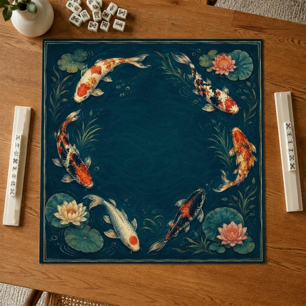 Koi Fish Mahjong Mat, Japanese Lotus Pond Game Table Design, 31.5 Inch