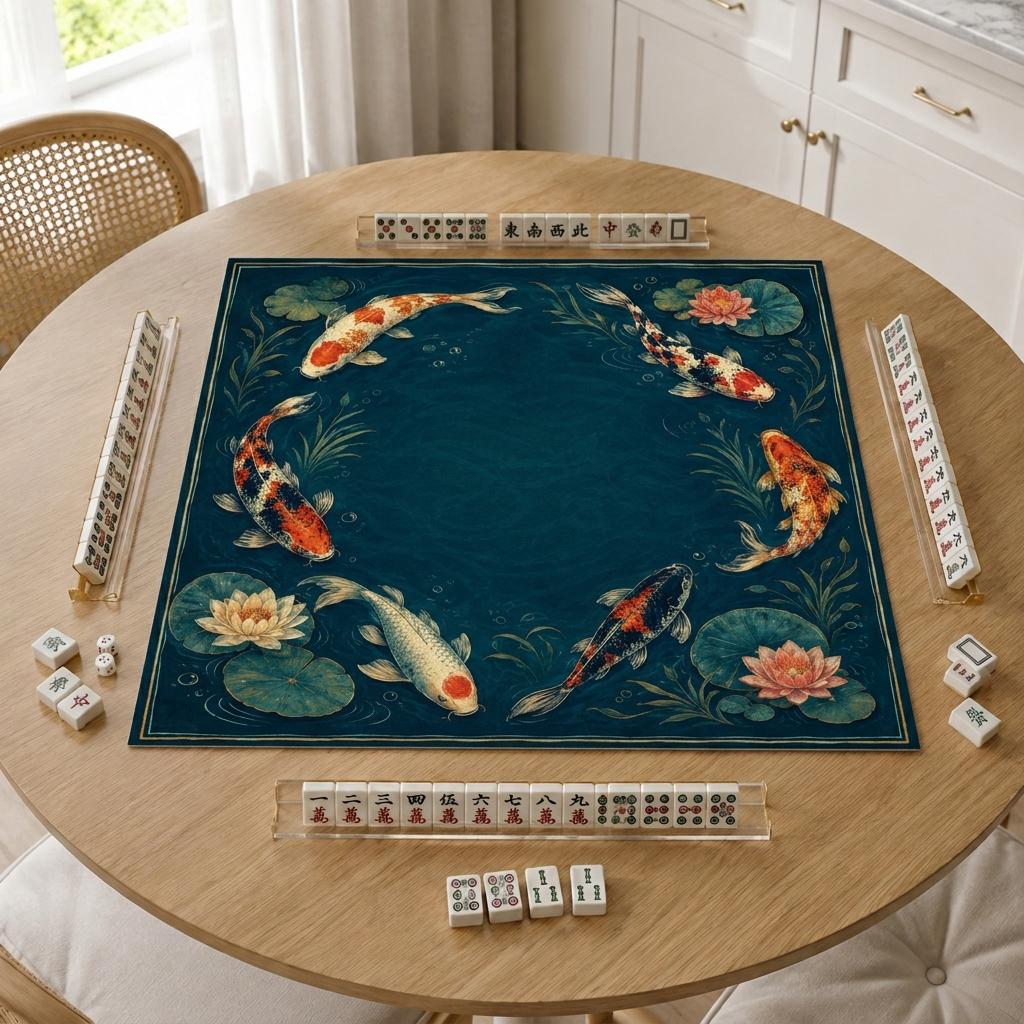 Koi Fish Mahjong Mat, Japanese Lotus Pond Game Table Design, 31.5 Inch
