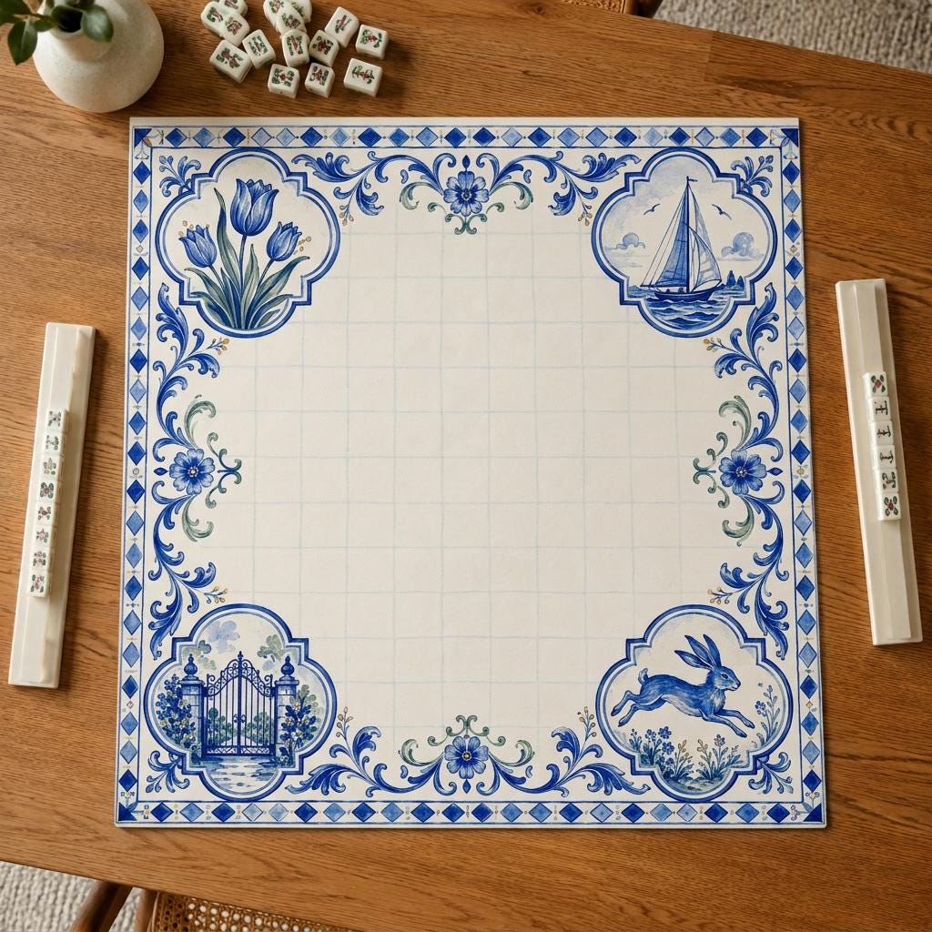 Blue Tile Mahjong Mat, Coastal Garden & Sailboat Game Table Design, 31.5 Inch