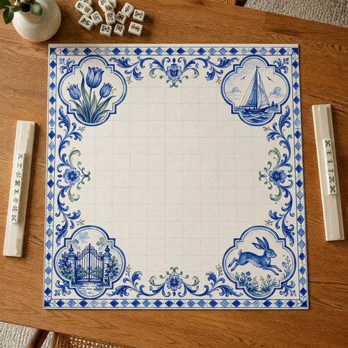 Blue Tile Mahjong Mat – Coastal Garden & Sailboat product detail