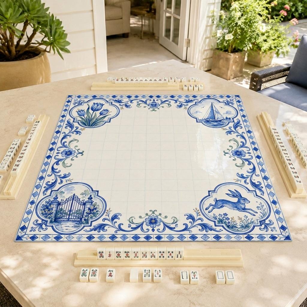 Blue Tile Mahjong Mat, Coastal Garden & Sailboat Game Table Design, 31.5 Inch