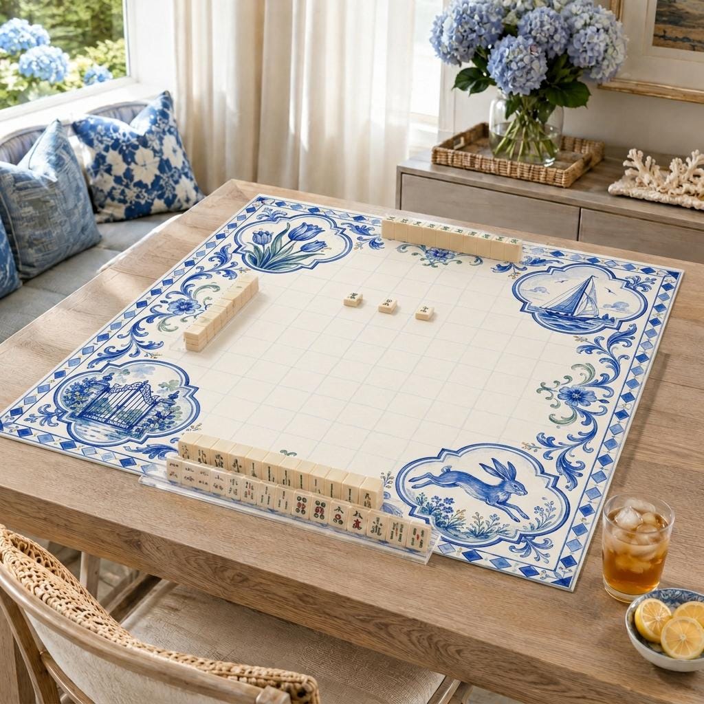 Blue Tile Mahjong Mat, Coastal Garden & Sailboat Game Table Design, 31.5 Inch