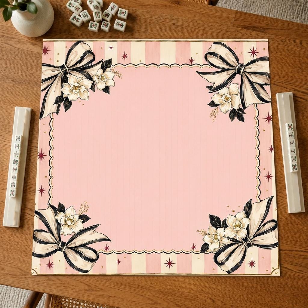 Pink Bow Mahjong Mat, Coquette Floral Game Table Design, 31.5 Inch