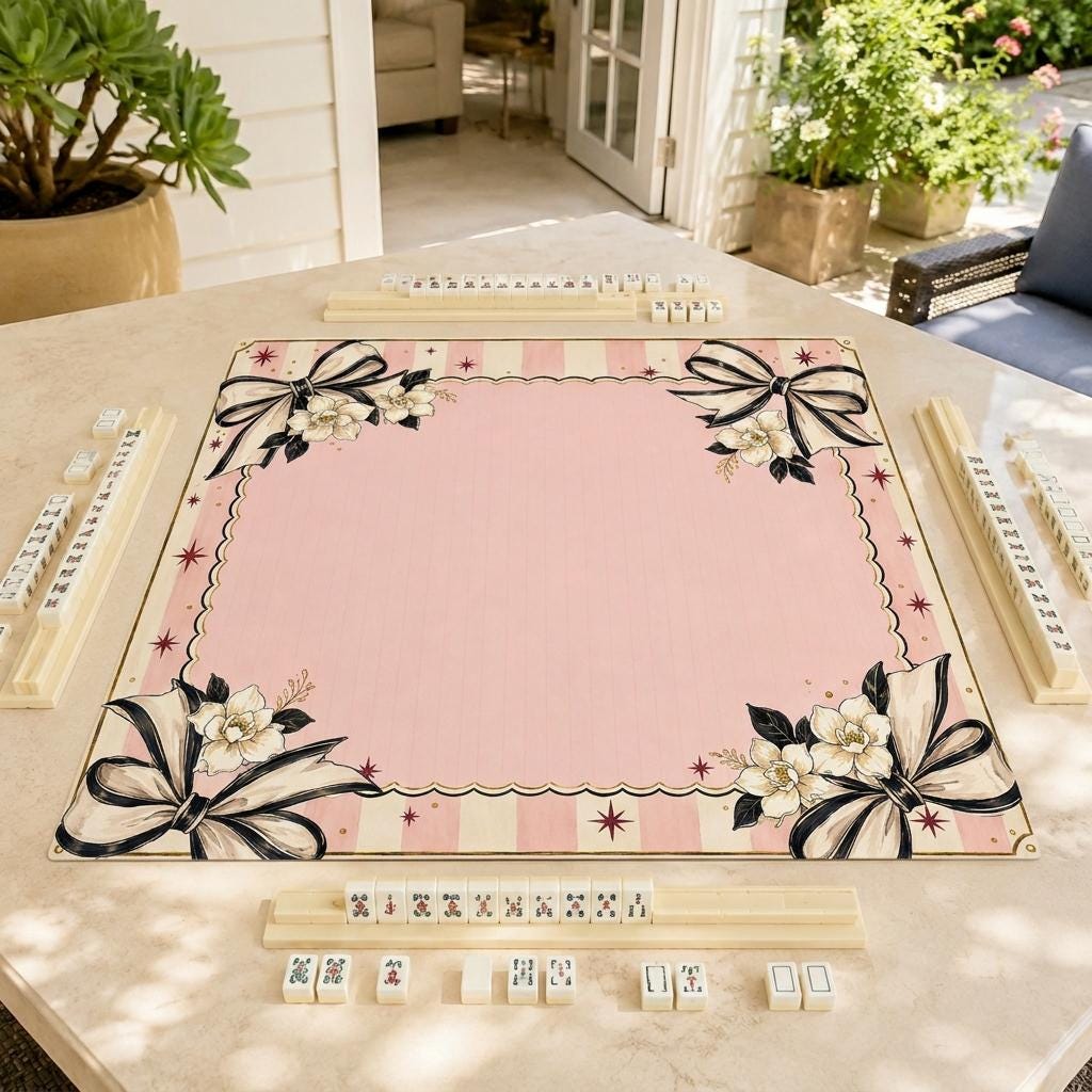 Pink Bow Mahjong Mat, Coquette Floral Game Table Design, 31.5 Inch
