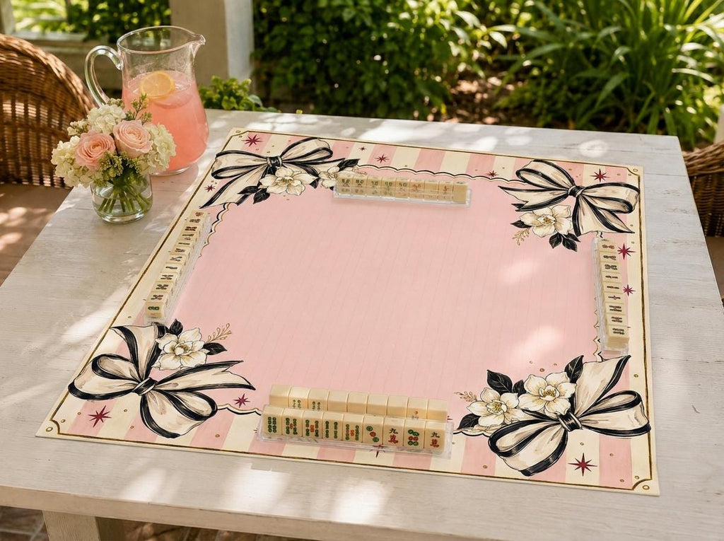 Pink Bow Mahjong Mat, Coquette Floral Game Table Design, 31.5 Inch