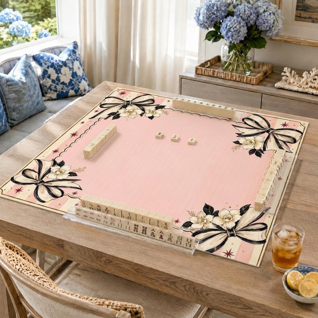 Pink Bow Mahjong Mat, Coquette Floral Game Table Design, 31.5 Inch