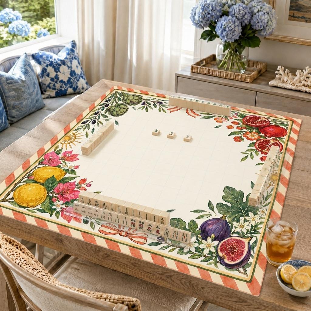 Mediterranean Mahjong Mat, Lemon Fig Pomegranate Botanical Game Table, 31.5 Inch