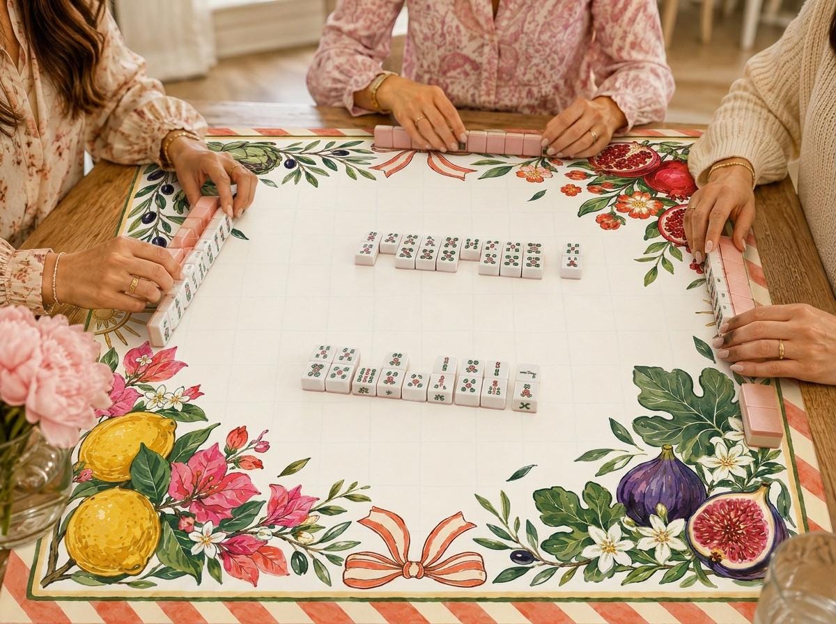 Mediterranean Mahjong Mat, Lemon Fig Pomegranate Botanical Game Table, 31.5 Inch