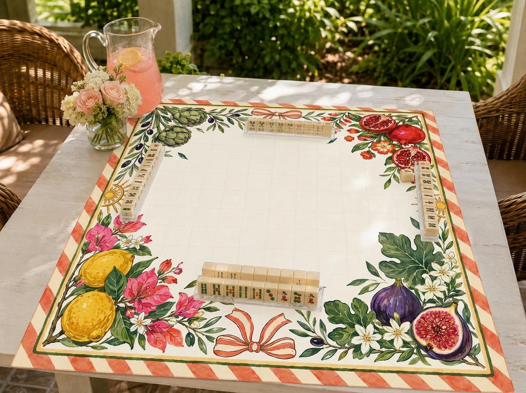 Mediterranean Mahjong Mat, Lemon Fig Pomegranate Botanical Game Table, 31.5 Inch