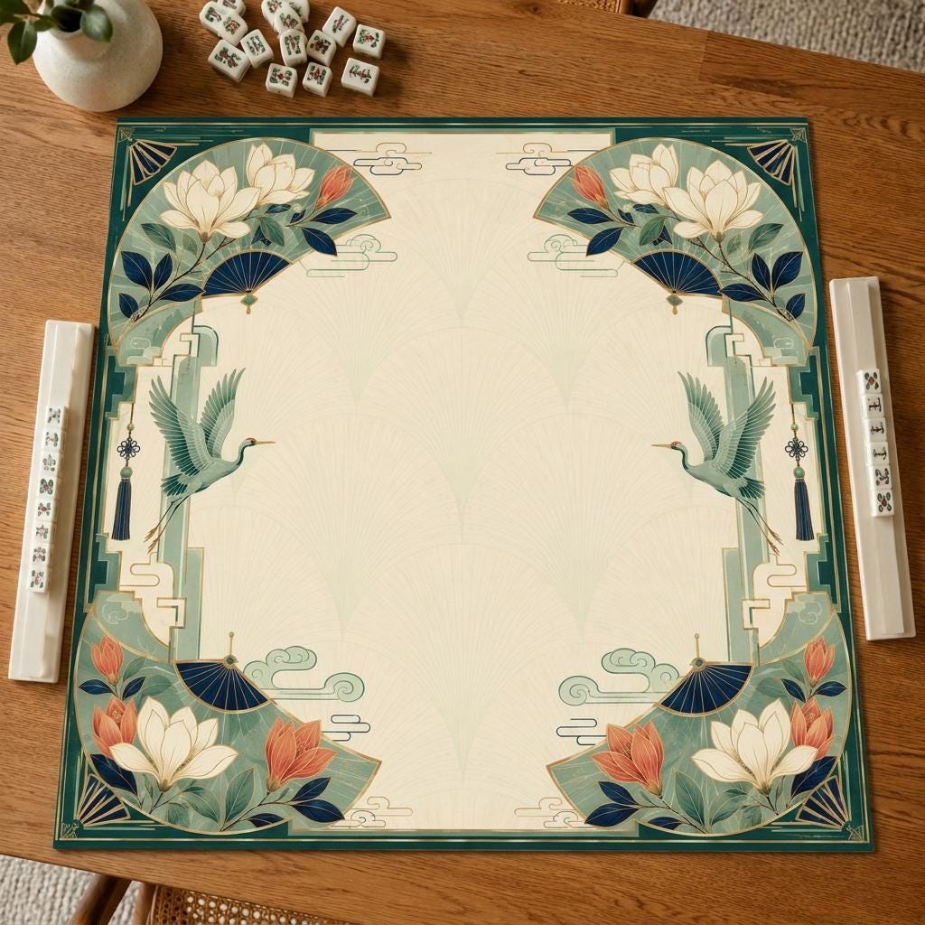 Art Deco Crane Mahjong Mat, Magnolia Fan Botanical Game Table, 31.5 Inch