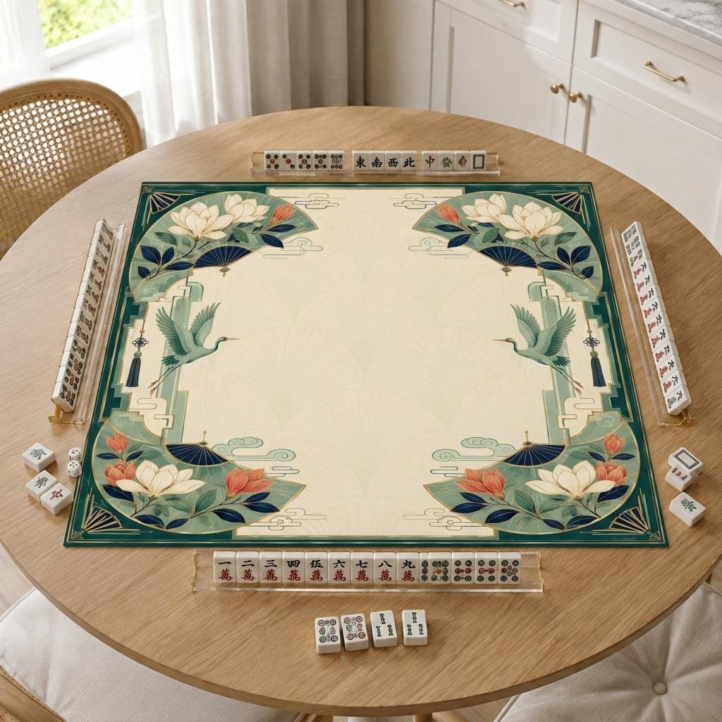 Art Deco Crane Mahjong Mat, Magnolia Fan Botanical Game Table, 31.5 Inch