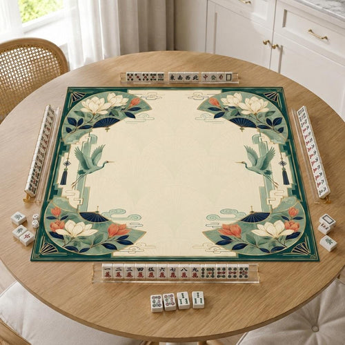 Art Deco Crane Mahjong Mat, Magnolia Fan Botanical Game Table, 31.5 Inch