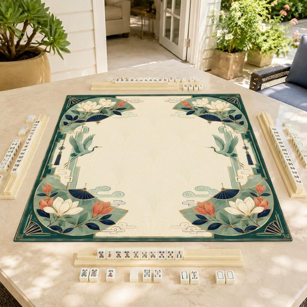 Art Deco Crane Mahjong Mat, Magnolia Fan Botanical Game Table, 31.5 Inch