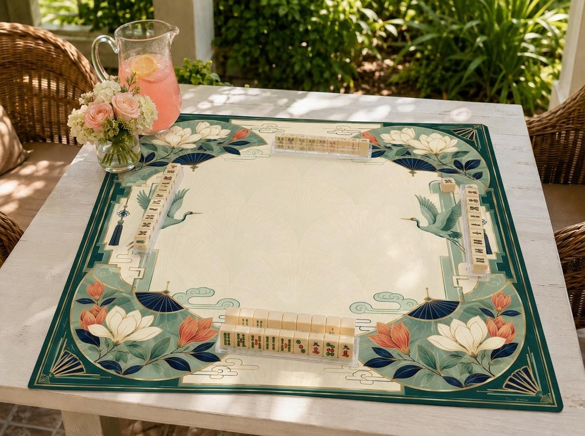 Art Deco Crane Mahjong Mat, Magnolia Fan Botanical Game Table, 31.5 Inch