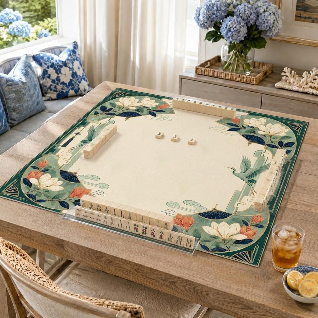Art Deco Crane Mahjong Mat, Magnolia Fan Botanical Game Table, 31.5 Inch