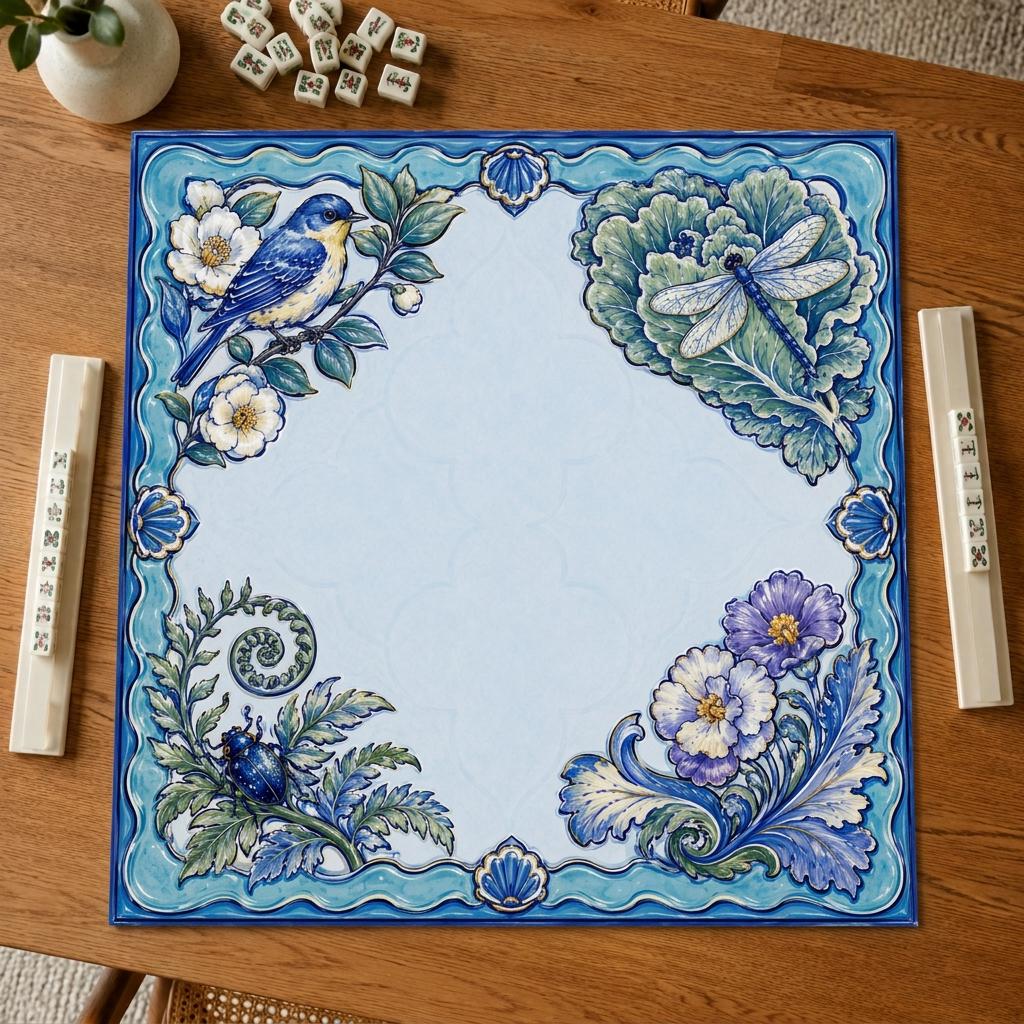 Blue Majolica Mahjong Mat, Bird Dragonfly Floral Game Table Design, 31.5 Inch