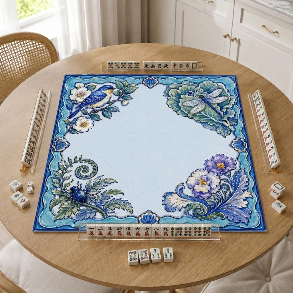 Blue Majolica Mahjong Mat, Bird Dragonfly Floral Game Table Design, 31.5 Inch