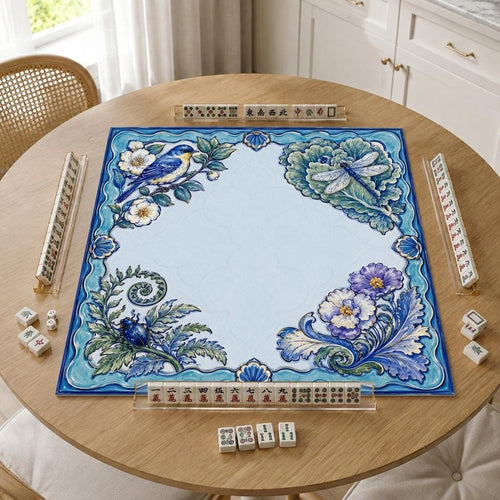 A blue songbird, dragonfly and layered flowers form a blue majolica-style border around a pale Mahjong mat center.