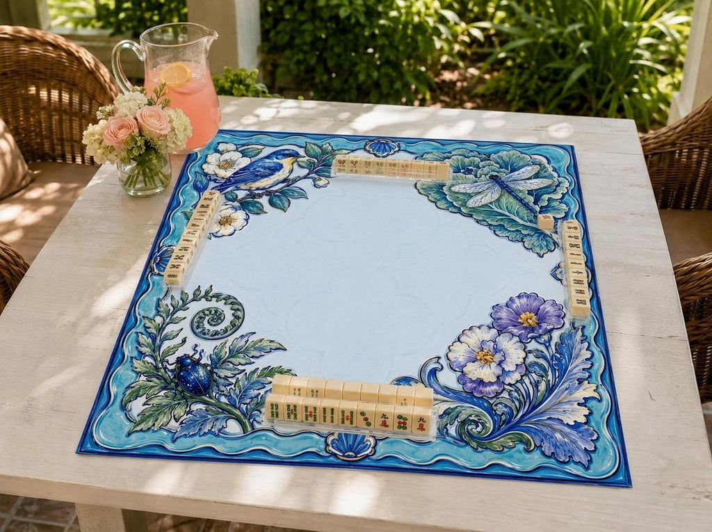 Blue Majolica Mahjong Mat, Bird Dragonfly Floral Game Table Design, 31.5 Inch