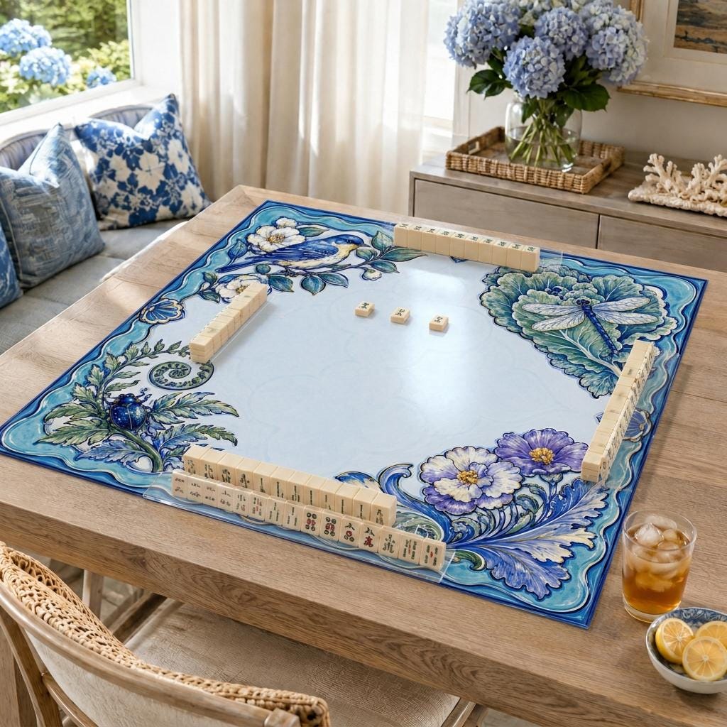 Blue Majolica Mahjong Mat, Bird Dragonfly Floral Game Table Design, 31.5 Inch