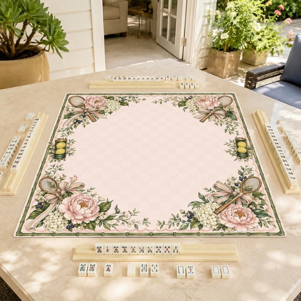 Tennis Mahjong Mat, Pink Floral Preppy Game Table Design, 31.5 Inch