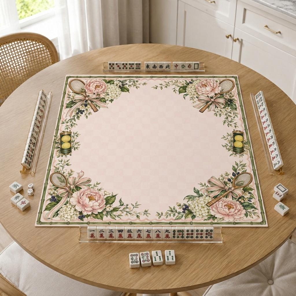 Tennis Mahjong Mat, Pink Floral Preppy Game Table Design, 31.5 Inch