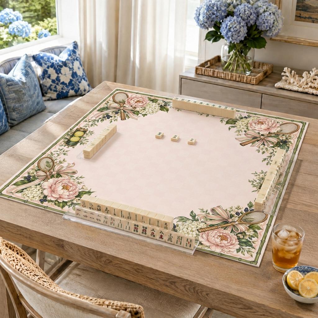 Tennis Mahjong Mat, Pink Floral Preppy Game Table Design, 31.5 Inch