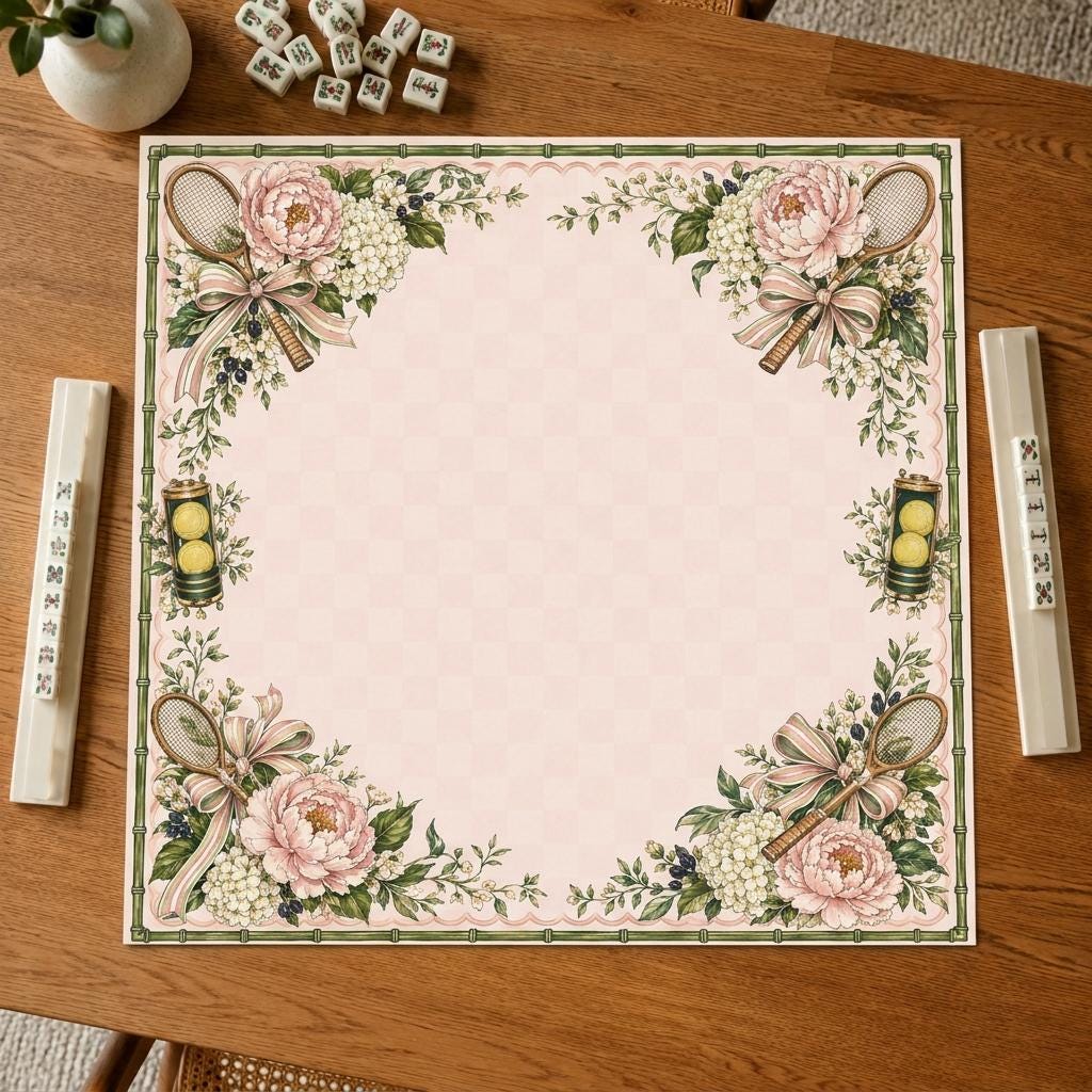 Tennis Mahjong Mat, Pink Floral Preppy Game Table Design, 31.5 Inch