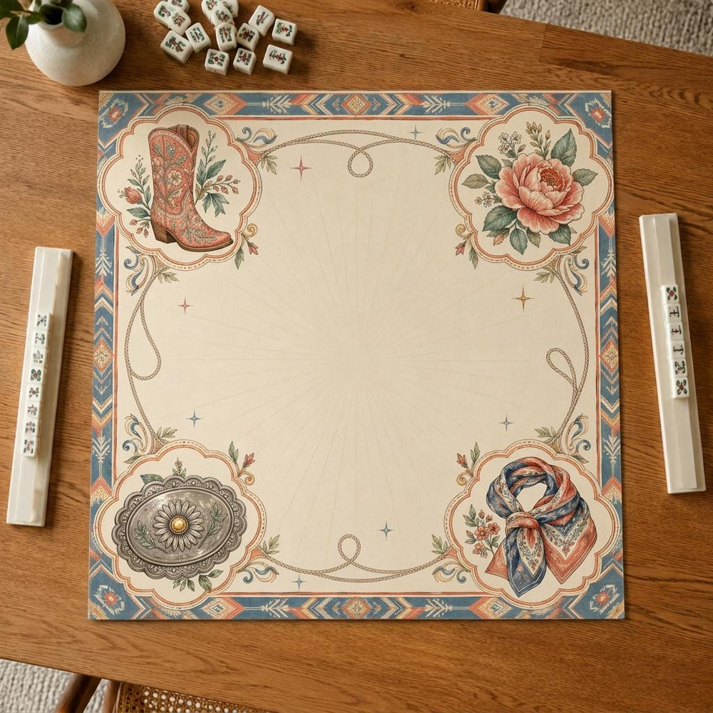 A floral cowboy boot, peony, patterned scarf and concho motifs decorate the corners of a cream Western Mahjong mat.