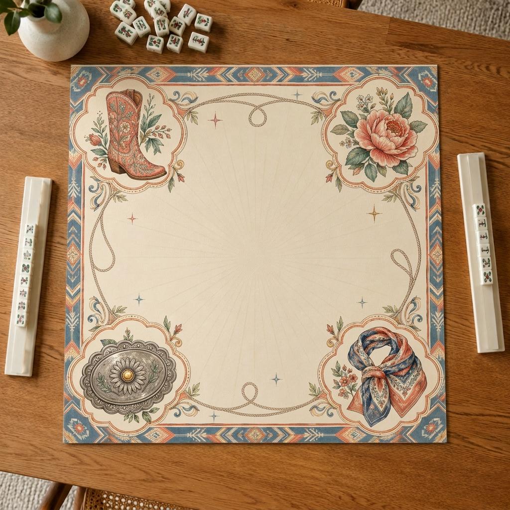 Cowgirl Mahjong Mat, Western Boot Scarf Floral Game Table Design, 31.5 Inch