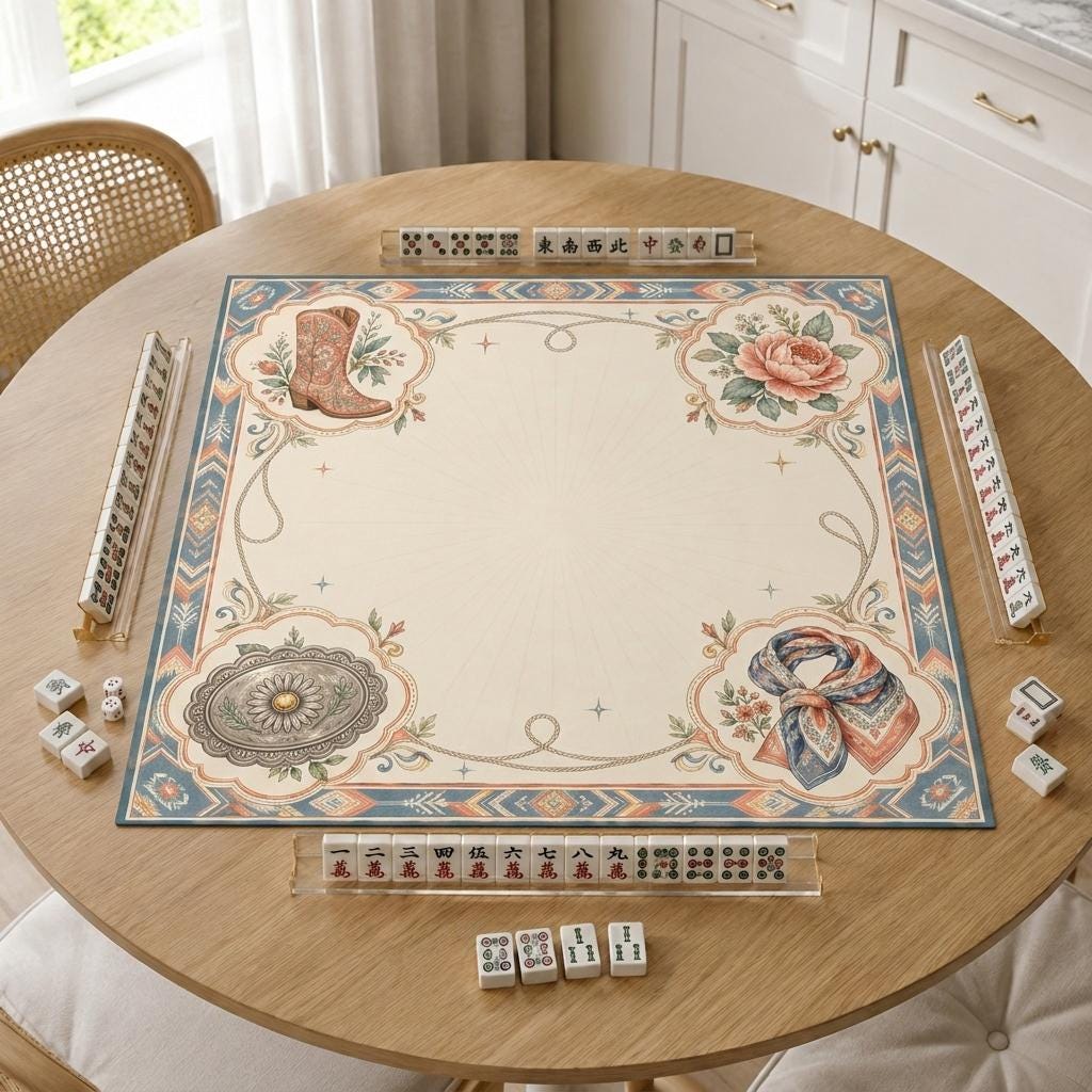 Cowgirl Mahjong Mat, Western Boot Scarf Floral Game Table Design, 31.5 Inch
