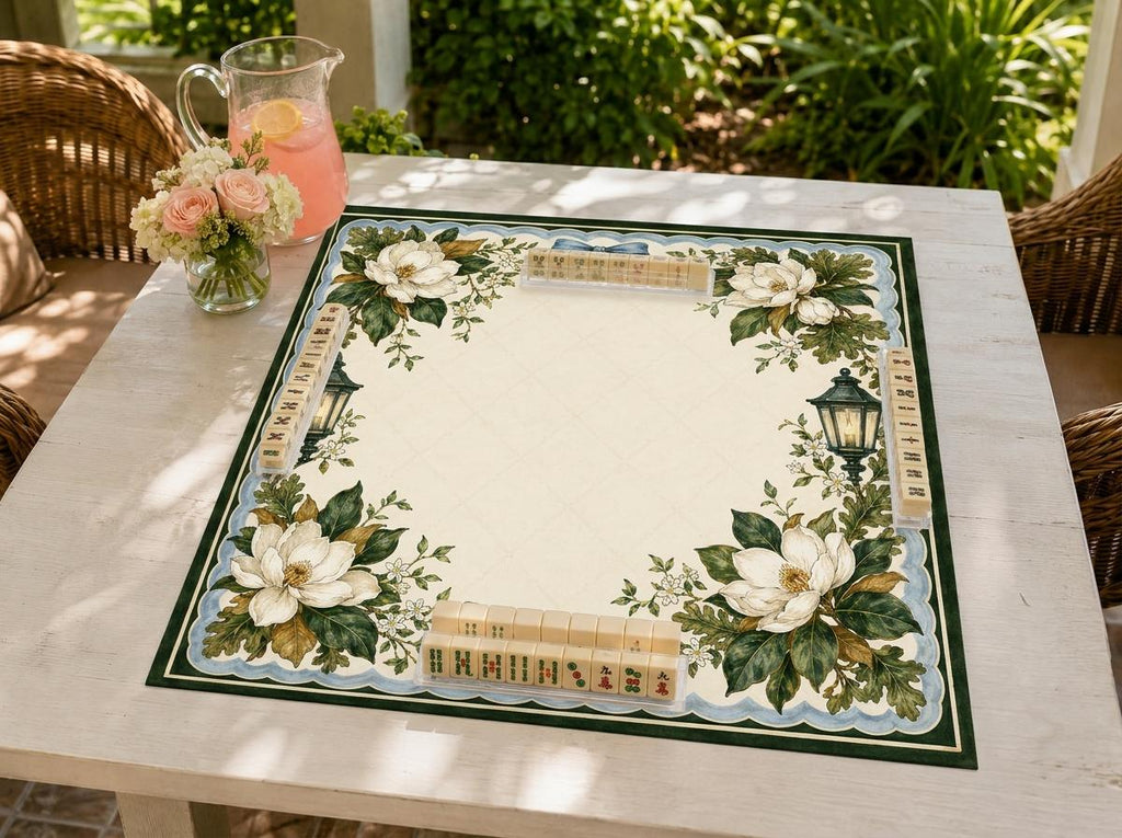 Magnolia Mahjong Mat, Blue Bow Garden Lantern Design, 31.5 Inch