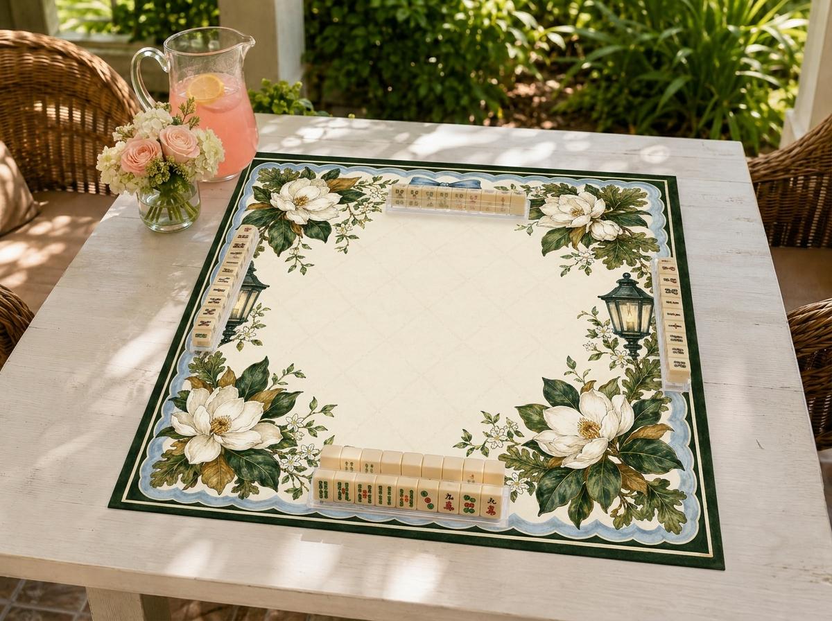 Magnolia Mahjong Mat, Blue Bow Garden Lantern Design, 31.5 Inch