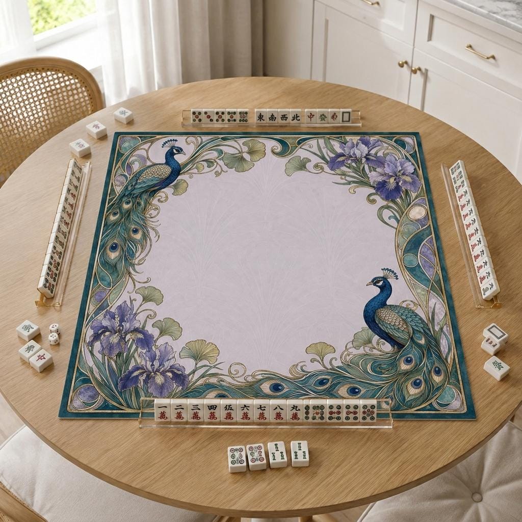 Art Nouveau Mahjong Mat, Peacock Iris Botanical Game Table Design, 31.5 Inch